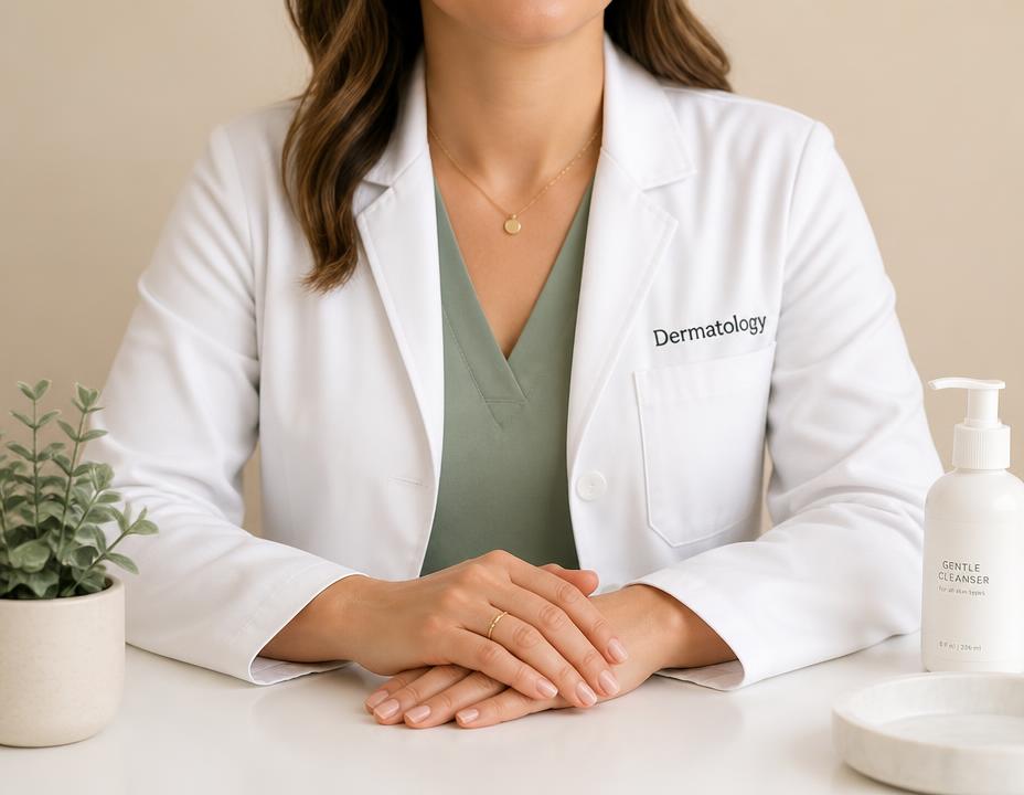 Dermatologist seated at a clean desk with a skincare bottle